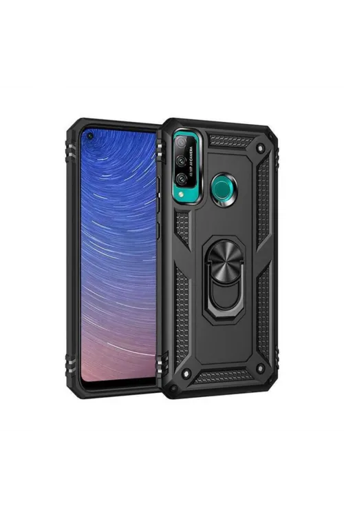 Huawei P40 Lite E Kılıf Sofya Yüzüklü Silikon Kapak - Siyah