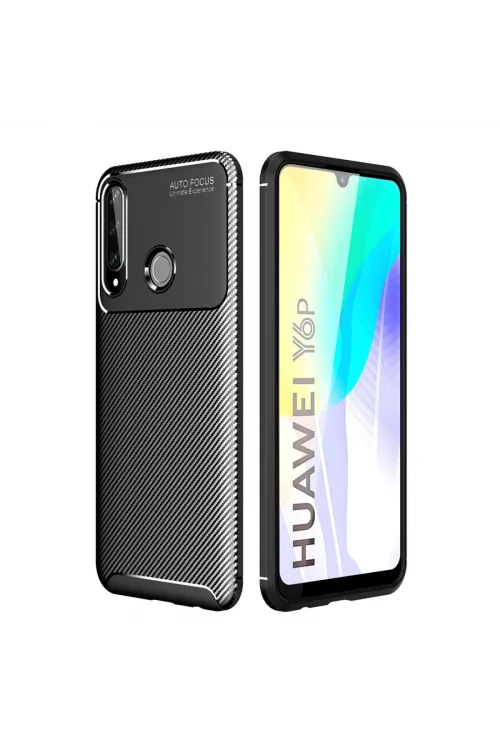 Huawei Y6p Kılıf Auto Focus Karbon Kapak - Siyah