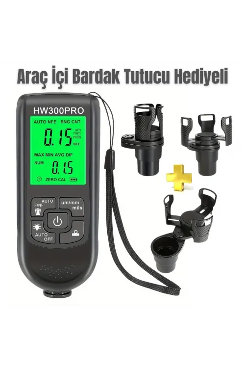 HW300PRO Oto Boya Kalınlık Ölçer Fe NFe 2000µm + 2 Fonksiyonlu Bardak Tutucu Hediyeli