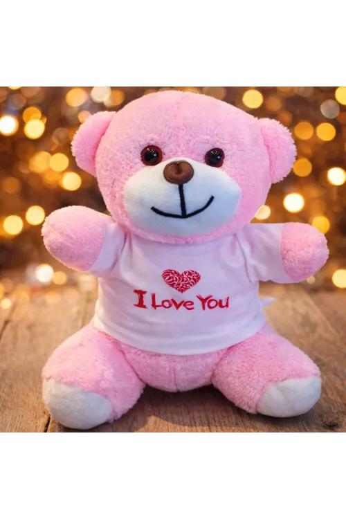 I Love You Tişörtlü Pembe Peluş Ayıcık