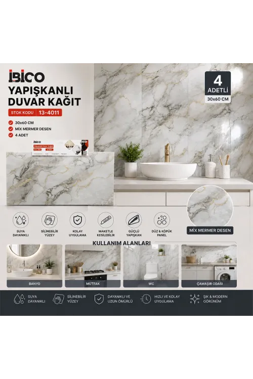 İbico İ13-085 ( 4pcs ) ( 30x60cm ) ( Düz & Köpük Panel ) ( Mix Mermer Desen ) Yapışkanlı Duvar Kağıt*60=k