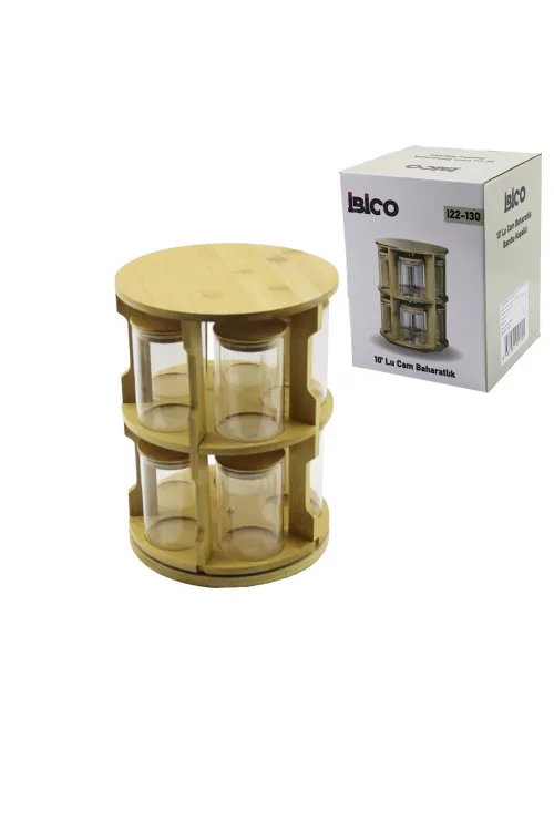 İbico İ22-130 ( 10pcs ) ( 2 Katlı ) ( Yuvarlak & Döner Standlı ) ( Cam ) (bambu Kapak) Tuzluk & Baharatlık Seti (bambu Stand=çap: 21cm & Y: 28cm )*6