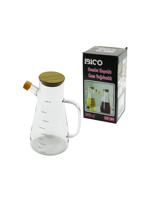 İbico İ22-149 ( 900ml ) ( Cam ) Yağdanlık ( Bambu Kapaklı & Ölçekli ) ( Cam Kulplu )*24=k