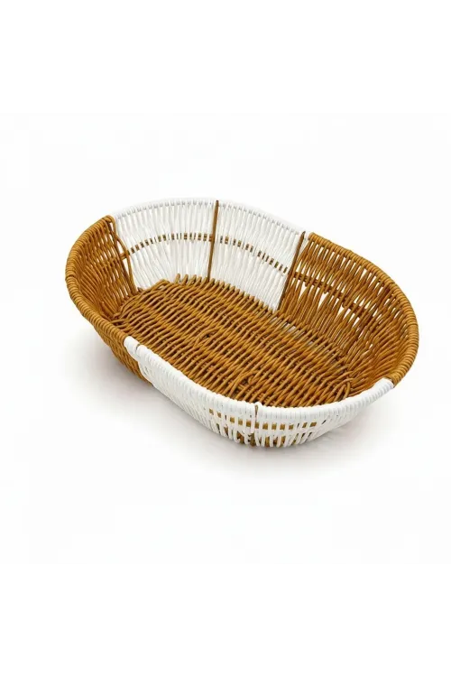 Hasır Ekmek Sepeti Oval Kahverengi Beyaz Örgü Dekoratif Çok Amaçlı Sofra Sepeti 28x20 cm