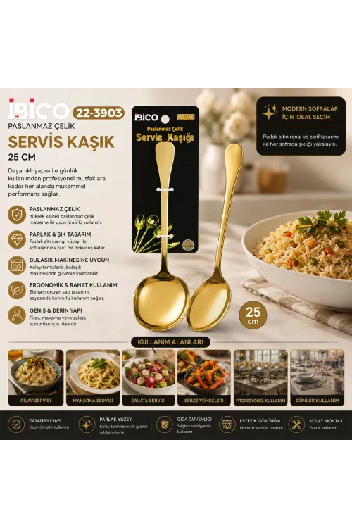 İbico İ22-445 ( 25cm ) ( Altın & Gold ) ( Metal ) ( Servis Kaşık )*12x10