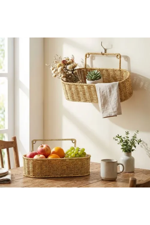 ieg™  2’li Duvar Askılı Plastik Rattan Organizer – Oval Hasır Görünümlü Mutfak Raf Sepeti, Banyo ve Ev İçi Düzenleme Ünitesi