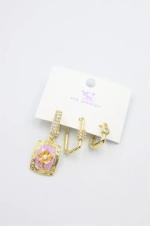 IEG - 3lü Taşlı Küpe - Pembe