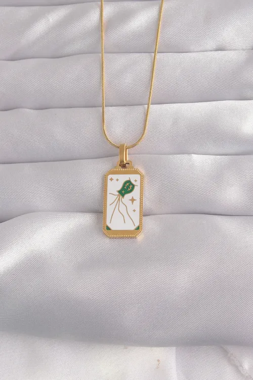 316L Çelik Gold Renk Beyaz Mineli Tarot Kolye TJ-BKO9039