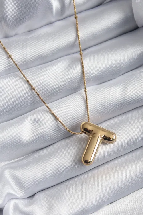 316L Çelik Gold Renk Bubble T Harf Model Kadın Kolye TJ-BKO7955
