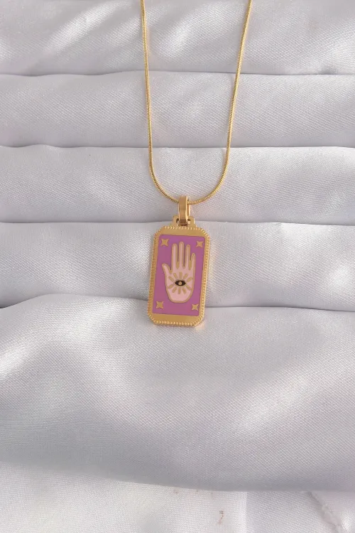 316L Çelik Gold Renk Mor Mineli El Figür Tarot Kolye TJ-BKO9034