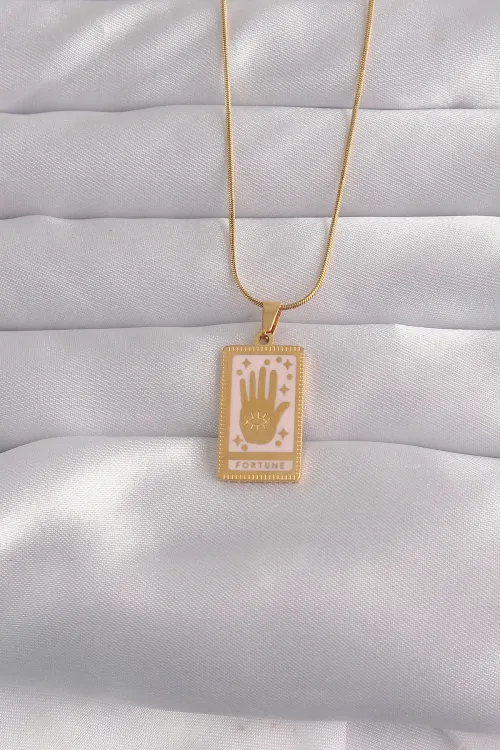 316L Çelik Gold Renk Pembe Mineli El Figür Tarot Kolye TJ-BKO9031