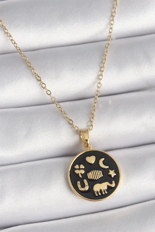 316L Çelik Gold Renk Siyah Şans Kolyesi TJ-BKO9547