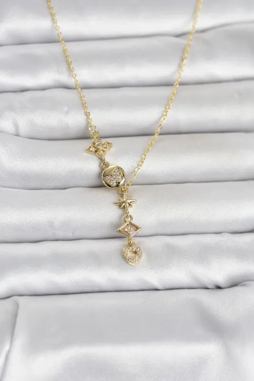 316L Çelik Gold Renk Zirkon Taşlı Y Kadın Kolye TJ-BKO11053