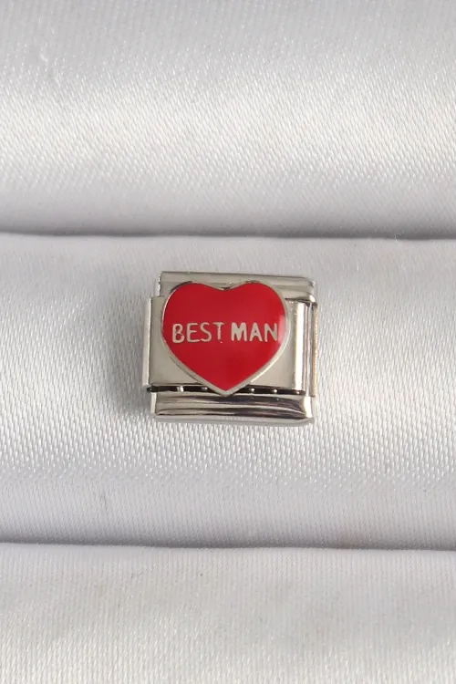 316L Çelik Gümüş Renk Best Man Yazılı Kırmızı Kalp İşlemeli Nomination Charm TJ-BC1208