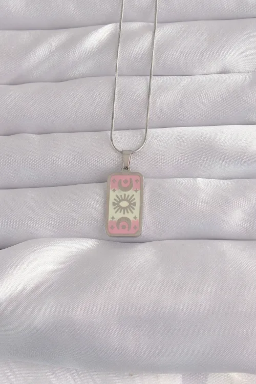 316L Çelik Gümüş Renk Pembe Mineli Ay Figür Tarot Kolye TJ-BKO9045