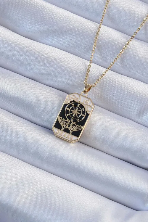 316L Çelik Zincir Renk İşlemeli Siyah Mineli Tarot Kolye TJ-BKO9236