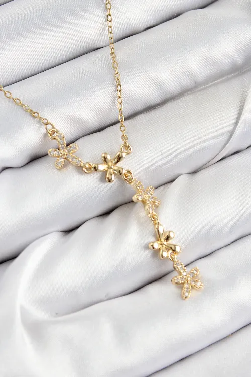 316L Çelik Zirkon Taşlı Çiçek Model Gold Renk Kadın Kolye TJ-BKO10407