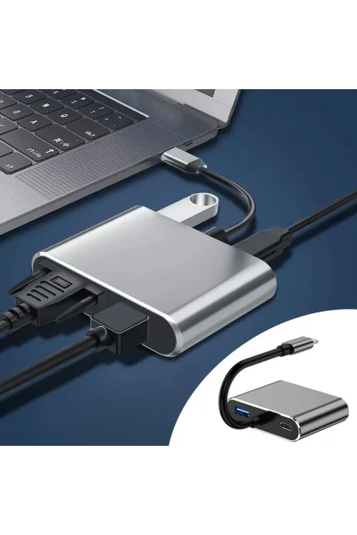 4’ü 1 Arada Type-C to Hub Dönüştürücü Adaptör – 4K Ultra HD HDMI & VGA Görüntü Aktarımı, PD Hızlı Şarj Destekli, USB Çoklayıcı