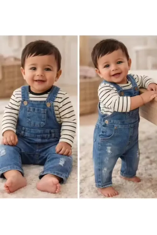 6-18 Ay Çizgili Badili Kot Salopet Bebek Takımı