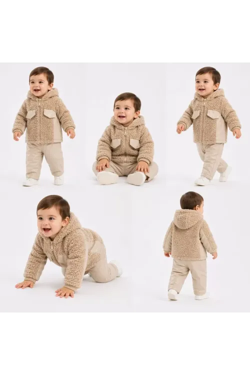 6/24 Ay Deri Detaylı Ceketli Kuzu Bebek Takımı