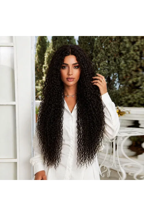 Afro Dalga Fiber Sentetik Tül Peruk - Koyu Kestane