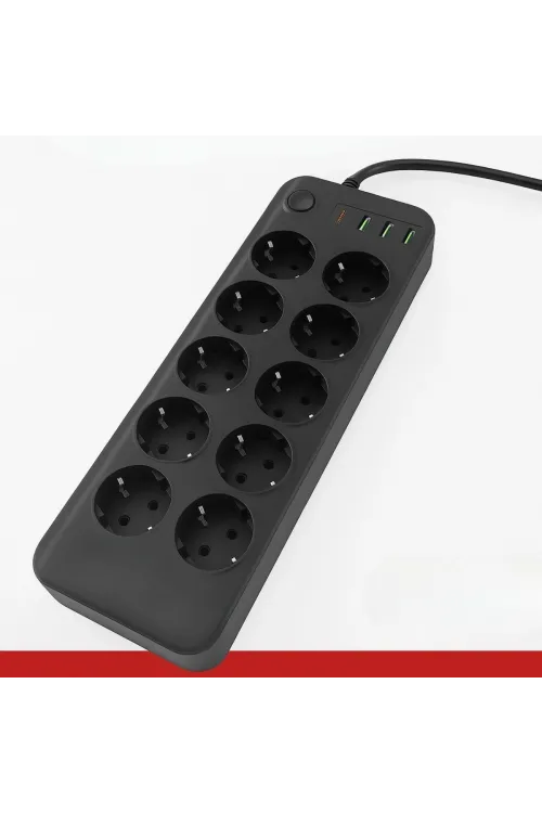 ieg™  Akım Korumalı Termal Uzatma Kablosu – 10 Priz, 2 USB ve 2 Type-C Girişli, Güçlü Çoklu Priz