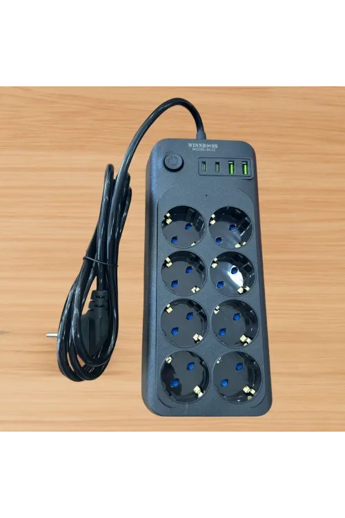 ieg™  Akım Korumalı Termal Uzatma Kablosu – 8 Priz, 2 USB ve 2 Type-C Girişli, Güçlü Çoklu Priz