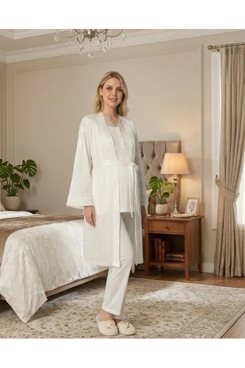 ieg™ Bone 6201 Kadın Jakar Saten Sabahlıklı Lohusa Pijama Takımı