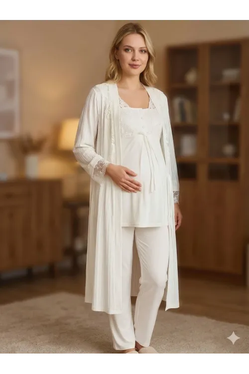 ieg™ Bone 6205 Kadın 3lü Jakarlı Sabahlıklı Lohusa Pijama Takımı