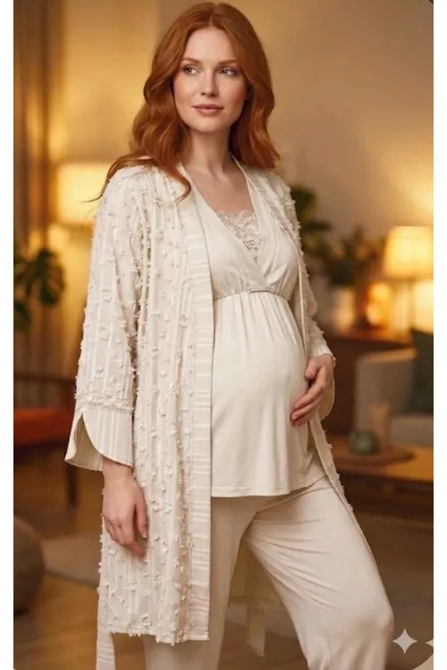 ieg™ Bone 6209 Kadın 3lü Dokuma Sabahlıklı Lohusa Pijama Takımı