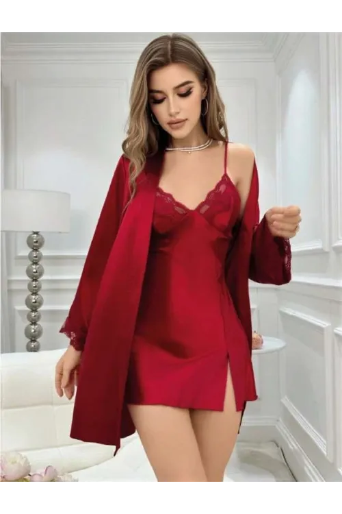Bordo İnce Askılı Saten 2li Gecelik Sabahlık Takımı