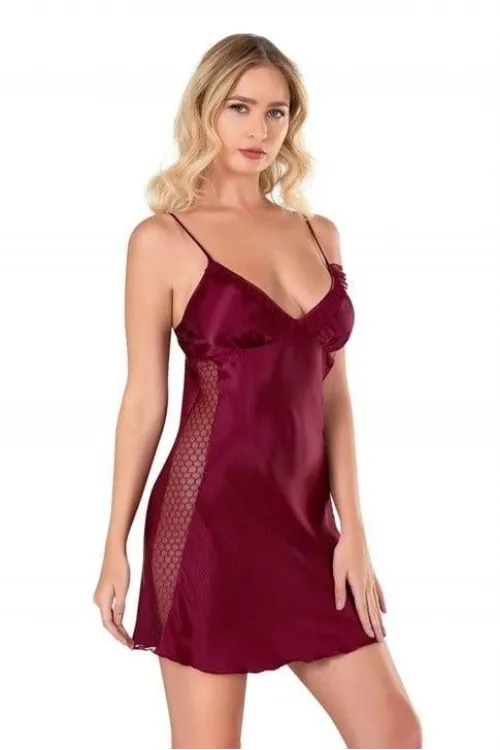Bordo Kısa Saten Gecelik 8105
