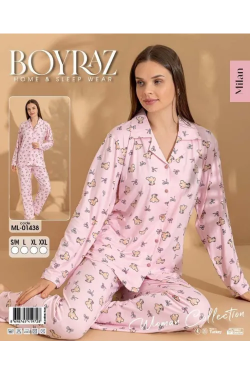 ieg™ Boyraz ML-01438 Kadın Uzun Kol Boydan Düğmeli Pijama Takımı