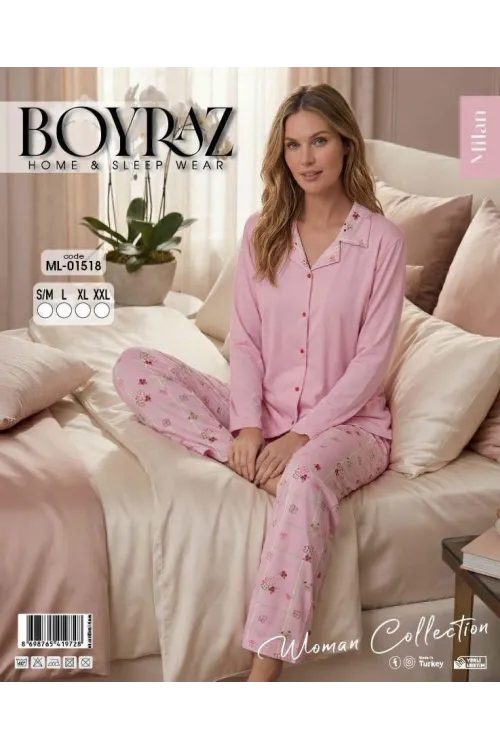 ieg™ Boyraz ML-01518 Kadın Uzun Kol Boydan Düğmeli Pijama Takımı