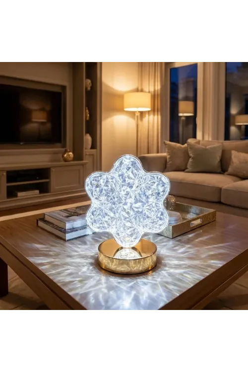 ieg™  Çiçek Model Kristal LED Masa Lambası – Dokunmatik, 3 Renk Işık Modlu, Şarjlı Mini Dekoratif Gece Lambası