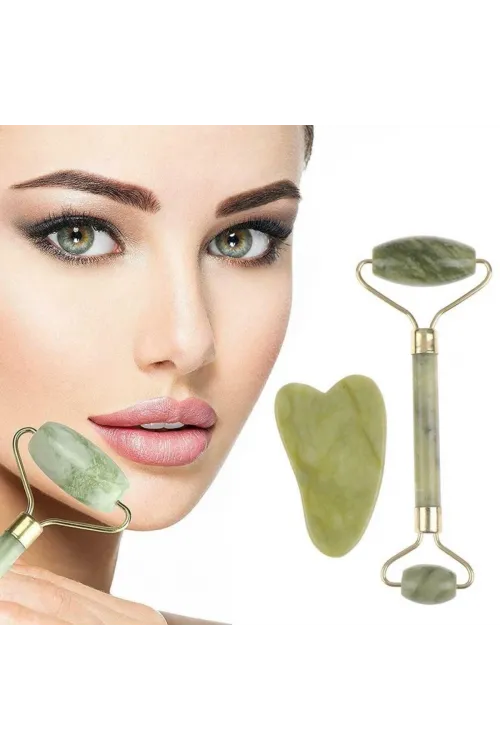 ieg™  Çift Taraflı 2li Cilt Yüz Masaj Aleti Jade Roller Yeşim  Taşı Seti
