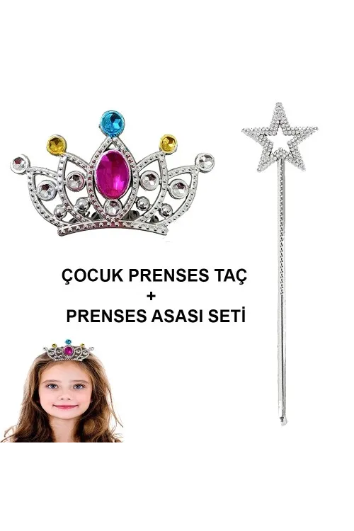 Çocuklar İçin Taraklı Prenses Tacı ve Prenses Yıldız Asa Seti Gümüş