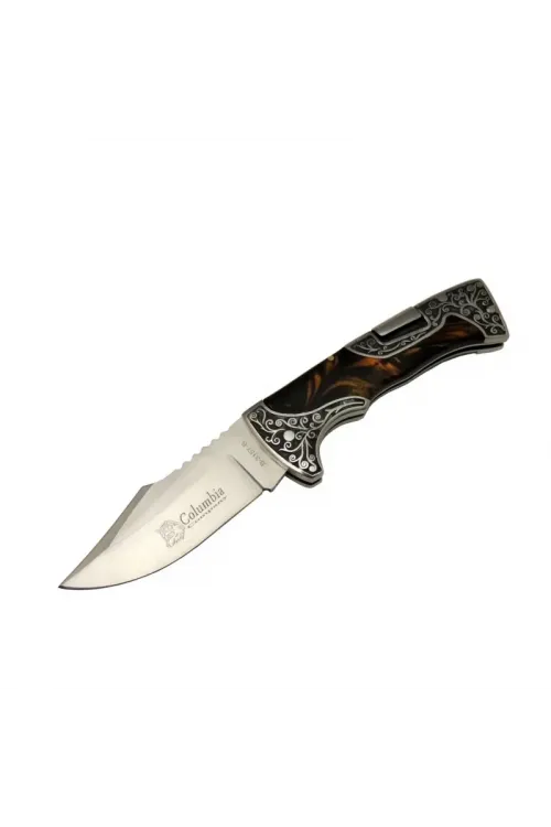 ieg™ Columbia B3157B İşlemeli Kamp Çakı 22 cm - Kahverengi Sedef Saplı, Manuel Açılma