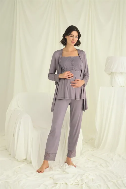 Dantelli Önü Düğmeli Hamile Lohusa 3lü Pijama Takımı