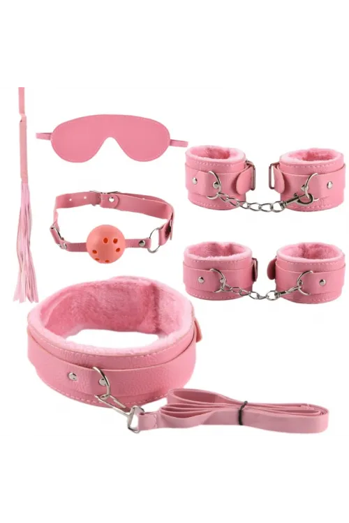 ieg™ Deri Pembe Harnes Fantazi 7li Kelepçe Kırbaç Fetiş Seti