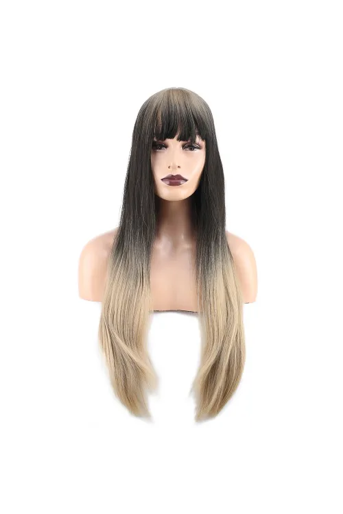 Düz Perçemli Uzun Fiber Sentetik Peruk - Küllü Siyah / Balköpüğü Ombreli