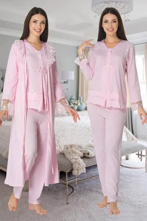 ieg™ Effortt 2424 Uzun Dantel Sabahlıklı Lohusa Pijama