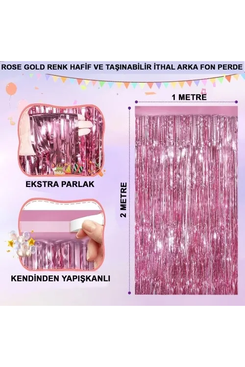 Ekstra Metalize Parlak Saçaklı Arka Fon Perde Rose Gold