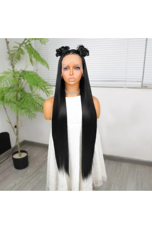 Ekstra Uzun Siyah Fiber Sentetik Düz Tül Peruk