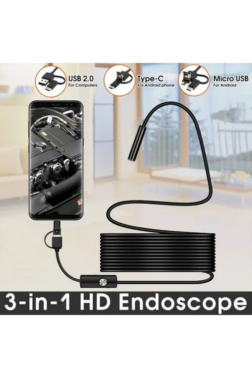 Endoskop 3 in 1 Yılan Kamera USB Micro Usb Type-C 5M Sert Kablo