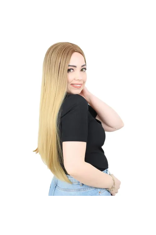 Fiber Sentetik Uzun Düz Peruk - Kumral / Sarı Ombreli