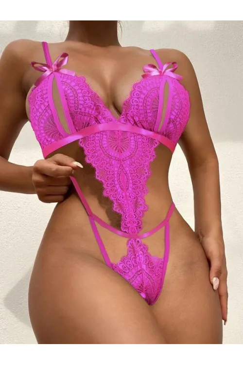 Fiyonklu Dantelli Fuşya Fantezi Body