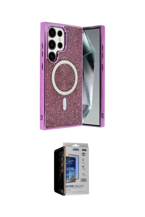 ieg™ Galaxy S23 Ultra Kılıf Eksen Çizgi - Siyah Durable Full Glue Curved Hayalet Cam