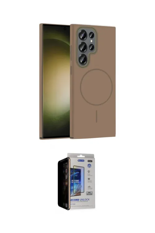 ieg™ Galaxy S23 Ultra Kılıf Siluet Doku Özel Seri - Siyah Durable Full Glue Curved Hayalet Cam