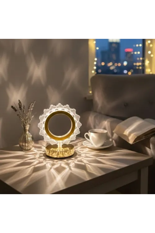 ieg™  Güneş Şeklinde Kristal LED Masa Lambası – Dokunmatik, 3 Renk Işık Modlu, Şarjlı Mini Dekoratif Gece Lambası